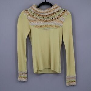 Anthropologie Moth Crochet Sweater Womens XS Yellow Cottagecore Grannycore Boho